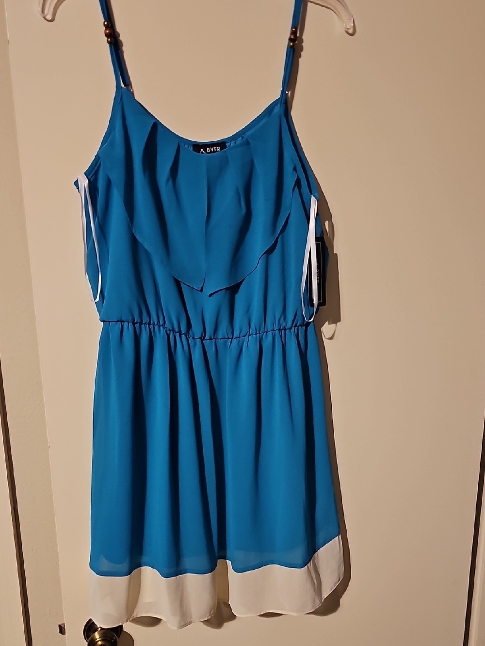 A. Byer Turquoise Spaghetti Strap Chiffon Dress Top with White Hem